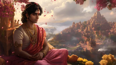 Rose-gold prince in quiet reverie above a sunlit temple city.