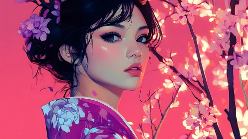 Elegant girl in kimono gazes softly among glowing blossoms