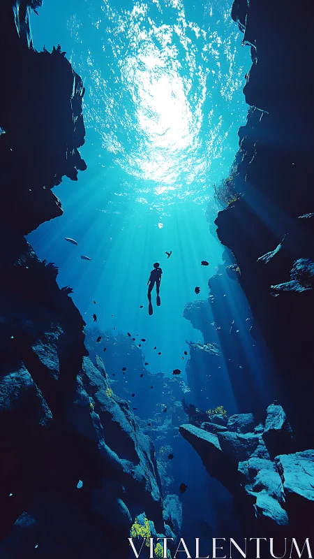 Diver ascends through deep underwater canyon with sunbeams