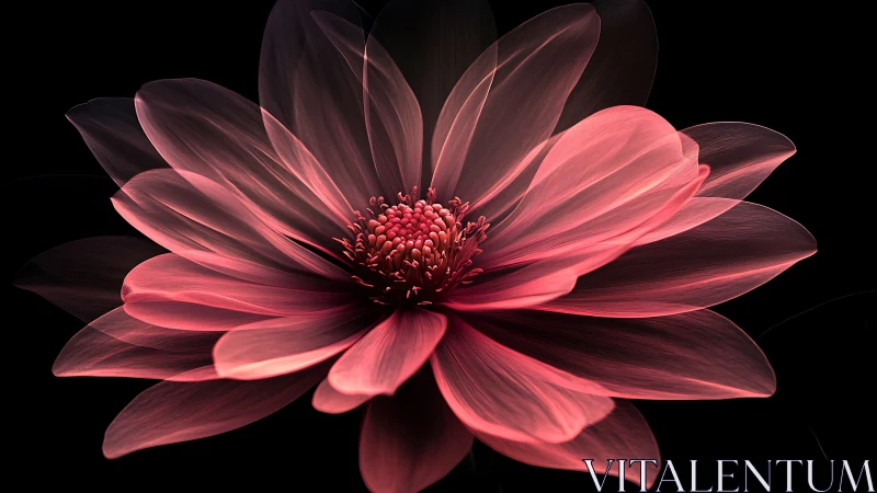 Translucent pink digital flower on deep black background.