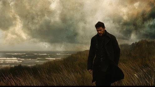 Solitary wanderer crossing storm-lashed coastal grasslands.