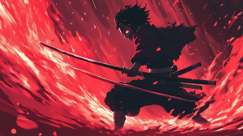 Samurai warrior channels flaming energy in dynamic anime tableau