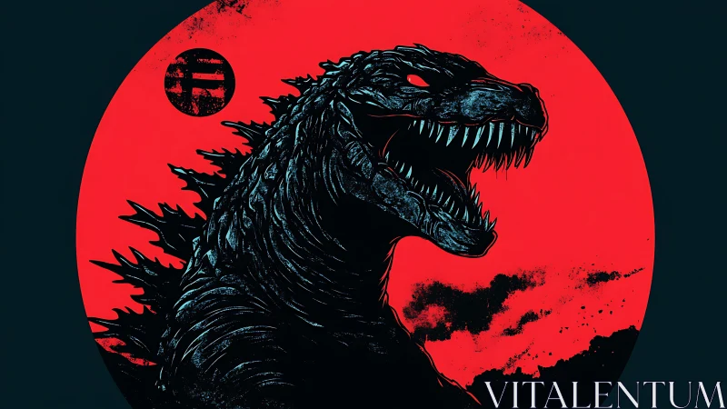 Kaiju silhouette dominates crimson eclipse-style sun circle.
