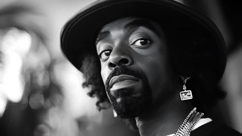 Curious gaze beneath a wide-brim hat in crisp monochrome.