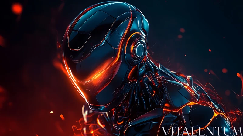 Armored cybernetic humanoid glows with molten orange energy