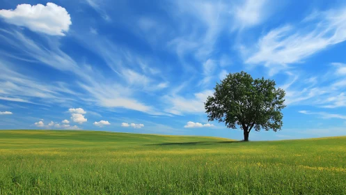 Solitary deciduous tree on rolling meadow under cirrus sky