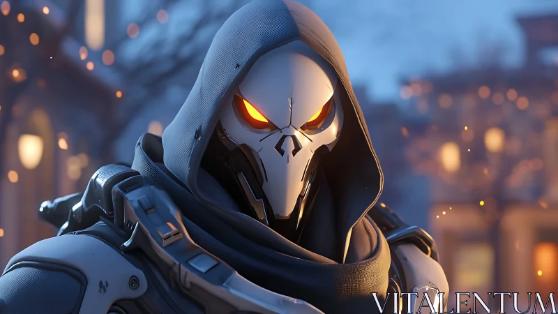 Hooded cyber skull warrior amid glowing urban embers.