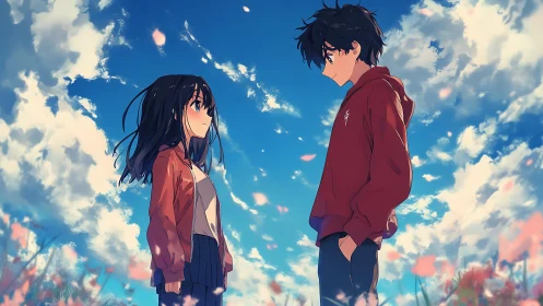 Two anime figures stand facing each other under cloudy sky