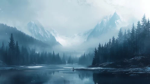 Mist veils alpine lake under towering icy peaks.