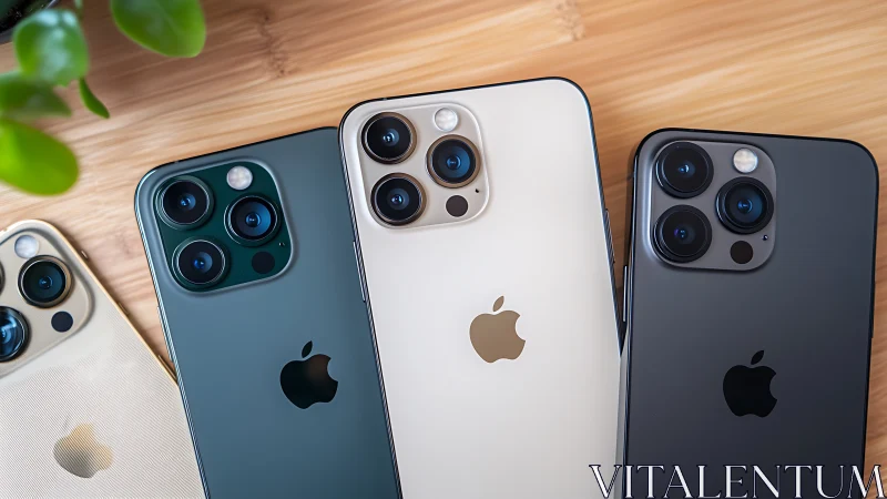 Four modern smartphones displayed on wooden surface