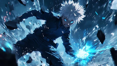 White-haired boy unleashes blue energy blast in battle