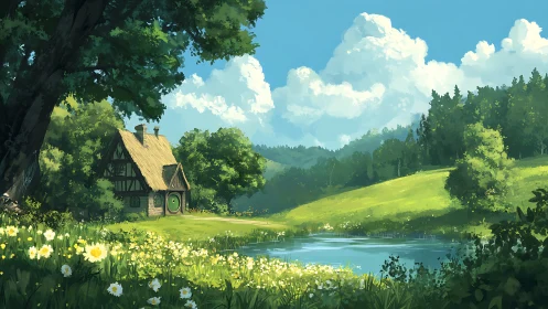 Idyllic thatched cottage by reflective meadow pond under cumulus.