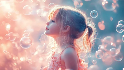 Child profile with floating bubbles in warm and cool lighting environment.