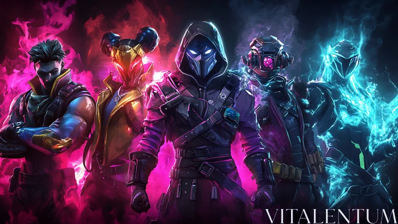 Neon cyber warriors stand in glowing vaporous energy storm.