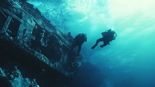 Technical wreck divers explore coral-encrusted ship hull.