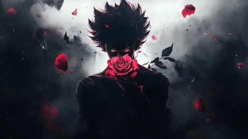 Dark anime figure with glowing eyes and crimson rose.