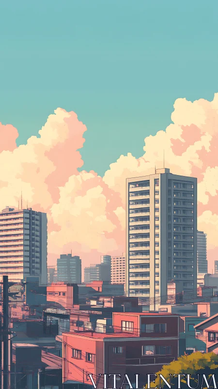 Sunlit midrise skyline against volumetric cumulus cloud bank