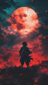 Samurai silhouette confronts a blood-red moon in stormy sky.