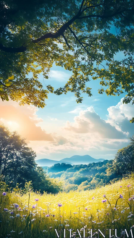 Sunlit wildflower valley under expansive canopy framing.