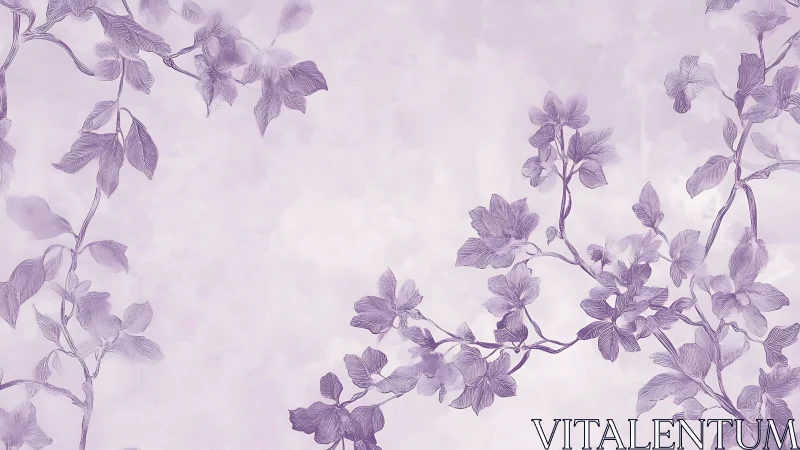 Purple Botanical Illustration with Cascading Flowering Vines on Pale Background
