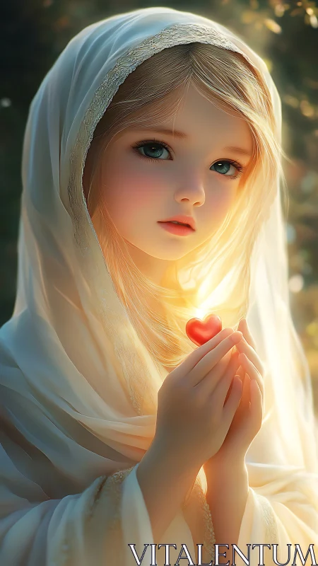 Serene child in hooded robe holding glowing red heart.