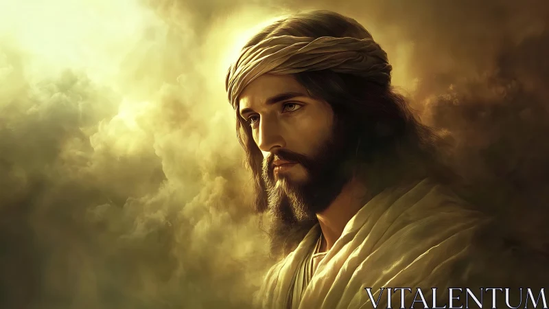 Portrait of robed male figure emerging from diffuse clouds