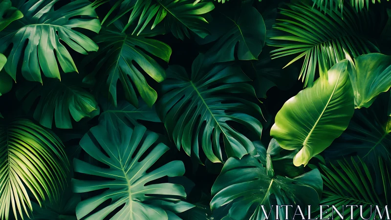 Dense tropical foliage with overlapping monstera and palm leaves