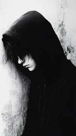 Solitary hooded figure in stark black and white portrait.
