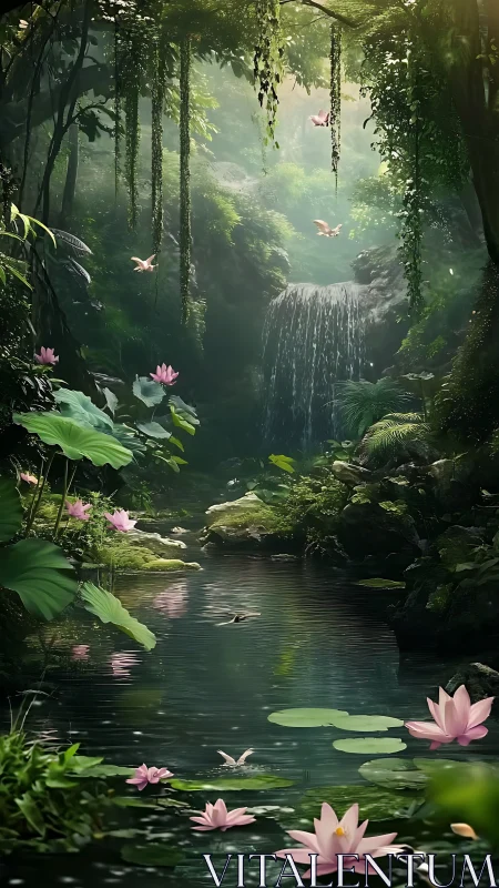 Fairy-bright lotus pond hums beneath a secret jungle waterfall