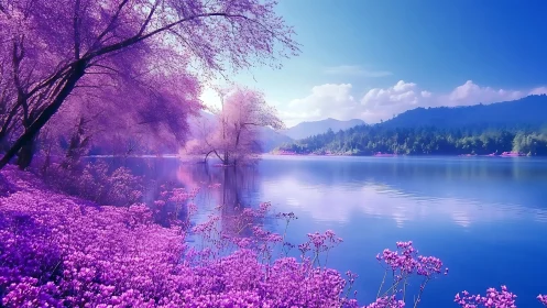 Dreamy violet lakeside escape under soft spring light.