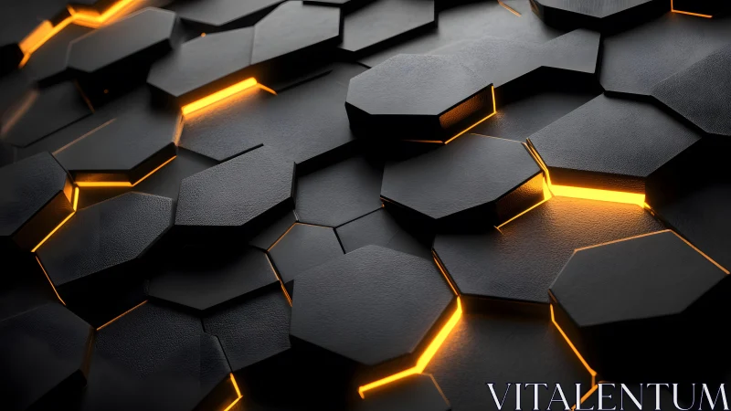 Futuristic Black Hexagonal Pattern with Glowing Orange Light.