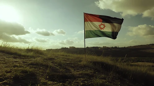 Israeli flag ripples over sunlit rural hillside landscape