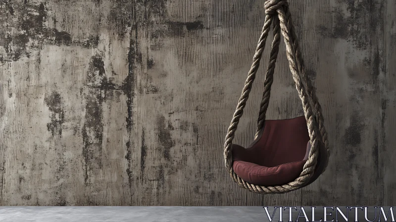 Rope swing chair hangs against worn concrete textured wall
