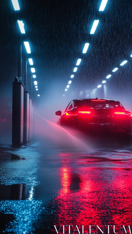 Car tail lights glow in neon tunnel during heavy rain.