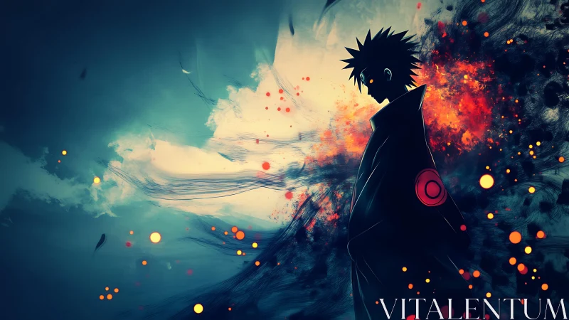 Shadowed wanderer drifts through embers and painted storm