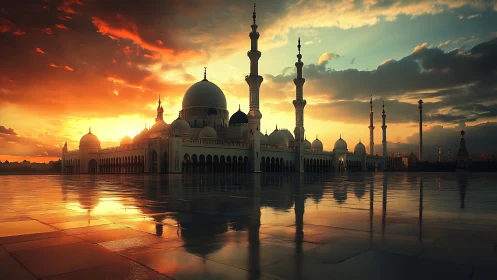 Sunlit mosque complex reflects across wet marble plaza at dusk