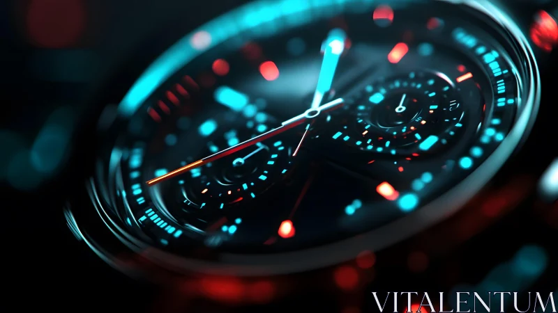 Futuristic analog wristwatch close-up with neon lighting in focus.