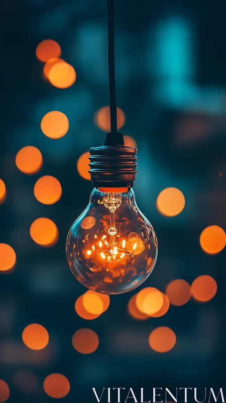 Incandescent bulb glows sharply against teal bokeh field