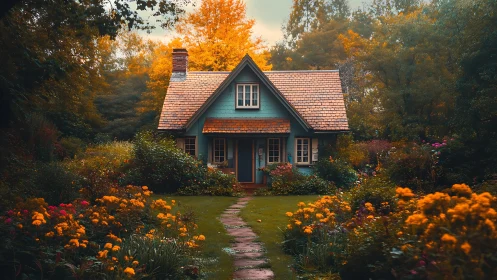Storybook cottage amid lush autumn garden at golden hour.