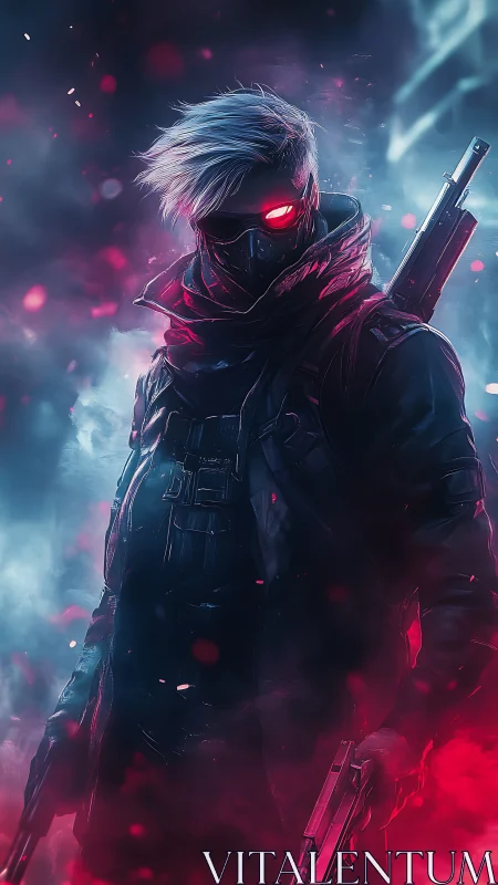 Neon-eyed rogue walking through electric cyberpunk mist.