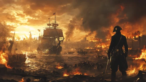 Brooding naval captain watches a burning harbor at sunset.