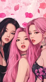 Soft pop trio framed by swirling pink petals and light.