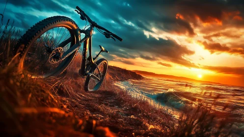 Mountain bicycle positioned on coastal hillside at sunset.