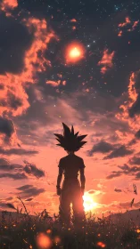 Anime sunset silhouette with cosmic sky and backlit figure.