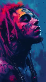 Side profile portrait shows neon-lit man with closed eyes