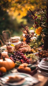 Harvest table with roasted poultry and autumn florals outdoors.