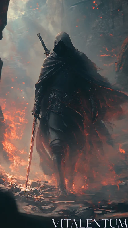 Hooded dark knight strides through burning inferno battlefield.