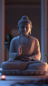 Buddha sculpture render shows seated figure with controlled lighting