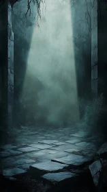 Mistlit stone corridor where forgotten legends exhale silence.