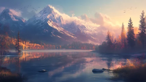 Sunlit alpine lake reflects misty mountains in tranquil dawn